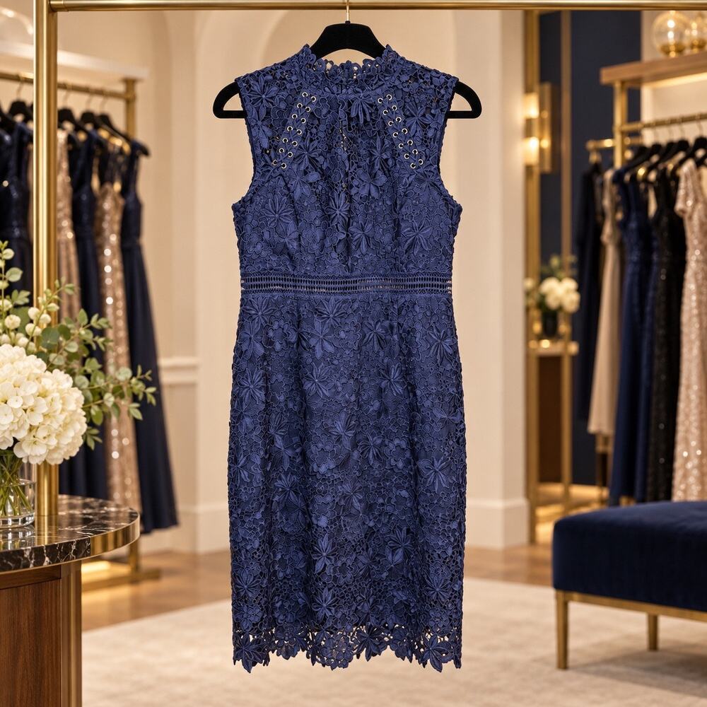 Bardot Navy Floral Lace Grommet Lace-Up Sheath Cocktail Dress US 10 AU 14 Chic